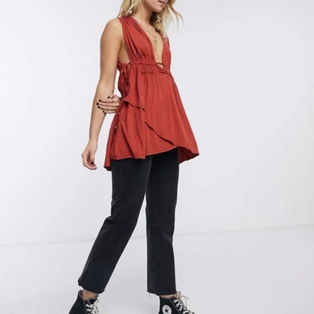 Free People Rust Red Deep V Tank Top